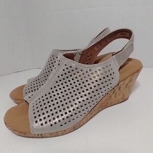 Rockport Briah Perforated‎ Slingback Wedge, Silver Metallic Leather, Size 8.5
